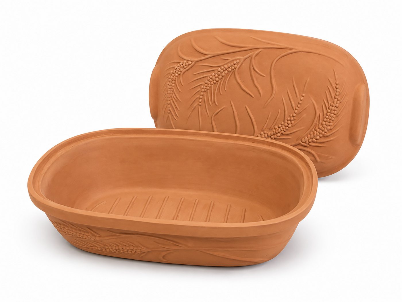 KERAZO Brotbackform 4,5L Keramik Bräter mit Deckel Brottopf Auflaufform 38x24x15 cm, natur, Unglasierter Bräter mit Getreidemuster auf Deckel und Unterteil Bild 3