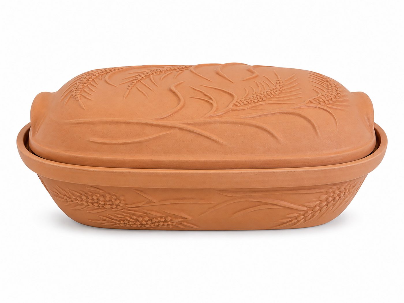 KERAZO Brotbackform 4,5L Keramik Bräter mit Deckel Brottopf Auflaufform 38x24x15 cm, natur, Unglasierter Bräter mit Getreidemuster auf Deckel und Unterteil Bild 5
