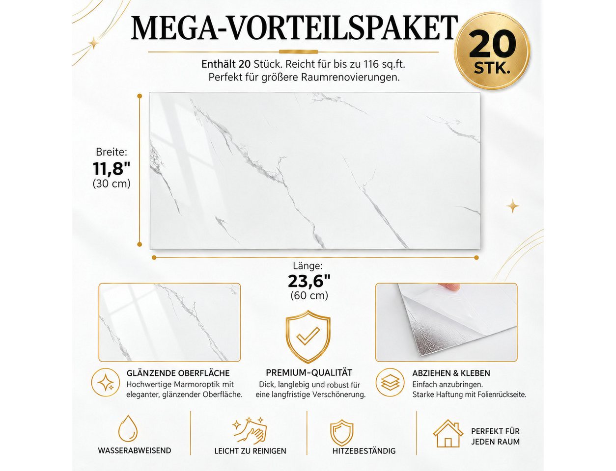 LEMLIT Fliesenaufkleber Selbstklebende Wandpaneele Marmoroptik 60 x 30 cm, 2,2 mm (20er Set, 20 St., Maße je Paneel: 60 x 30 x 0,22 cm), Wandverkleidung Marmoroptik, für Küche, Bad und Wohnzimmer Bild 3