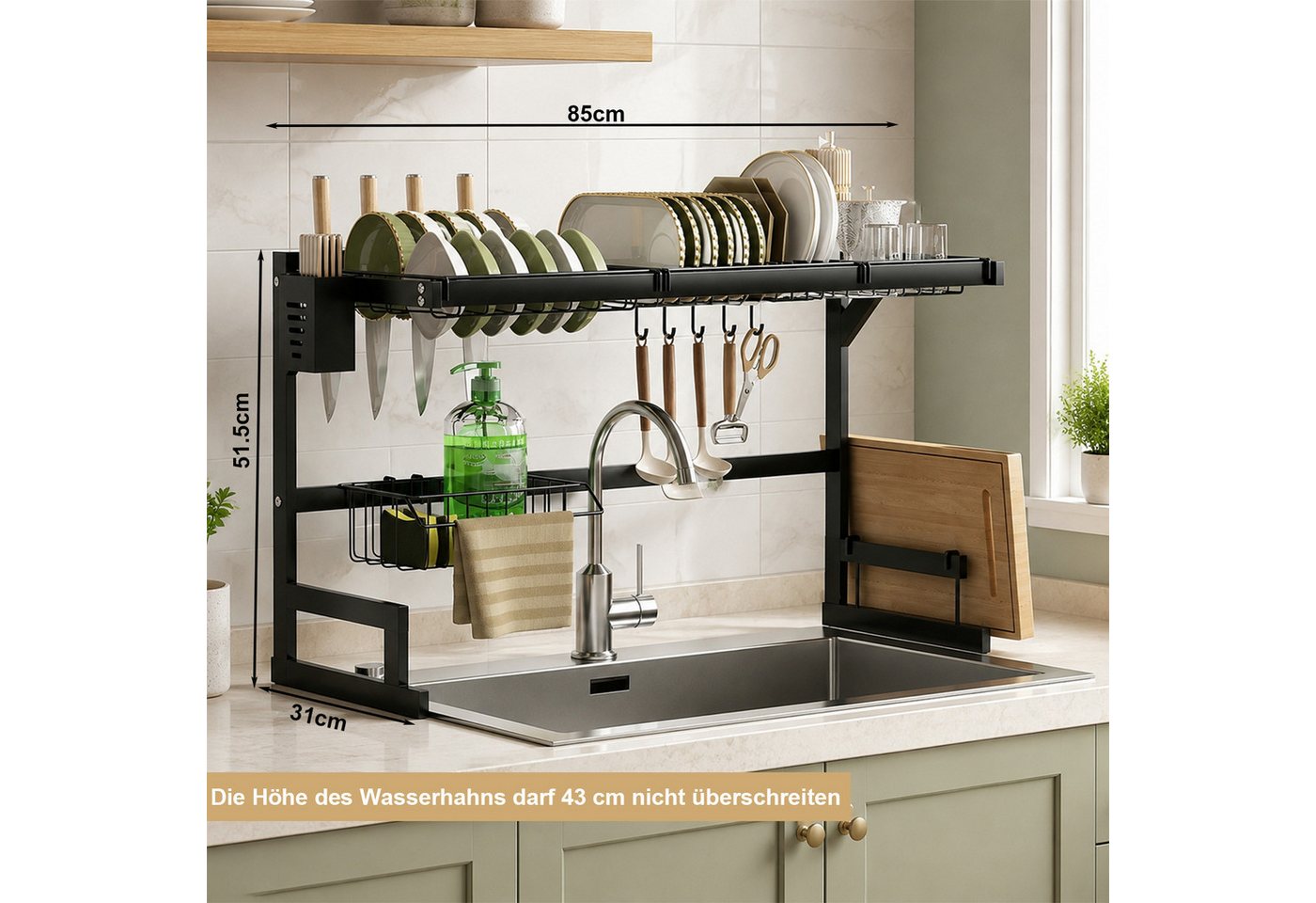 devesanter Küchenorganizer-Set Spülbecken-Abtropfgestell mit Besteckhalter und Hakenleiste, 85 cm, (1-tlg), Geschirrständer über der Spüle, Trockenständer, Küchenregal