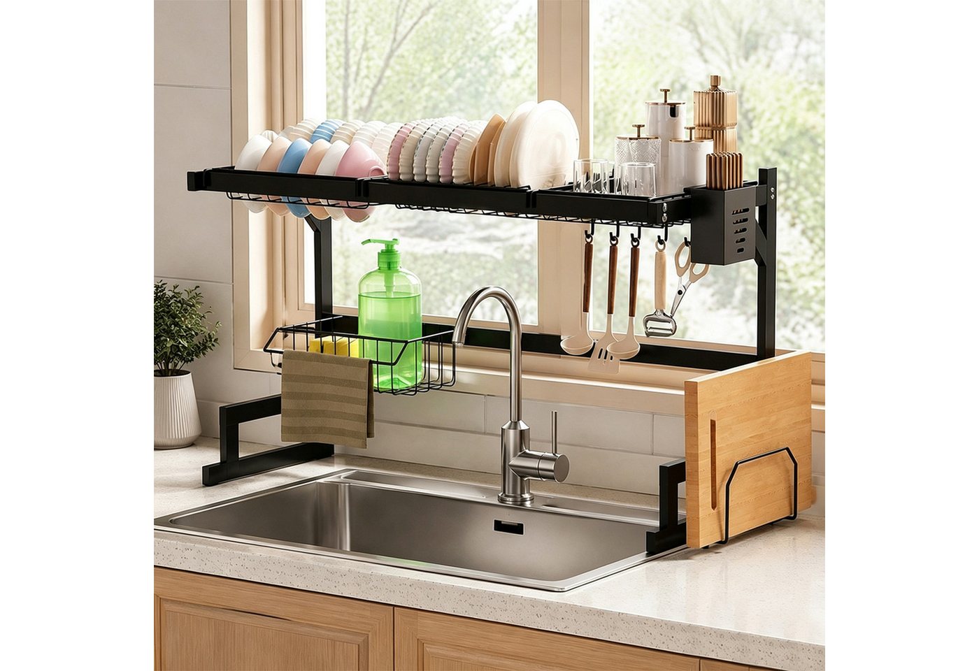 devesanter Küchenorganizer-Set Spülbecken-Abtropfgestell mit Besteckhalter und Hakenleiste, 85 cm, (1-tlg), Geschirrständer über der Spüle, Trockenständer, Küchenregal Bild 2
