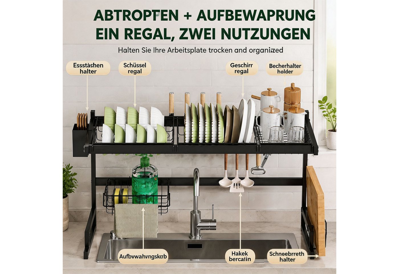devesanter Küchenorganizer-Set Spülbecken-Abtropfgestell mit Besteckhalter und Hakenleiste, 85 cm, (1-tlg), Geschirrständer über der Spüle, Trockenständer, Küchenregal Bild 3