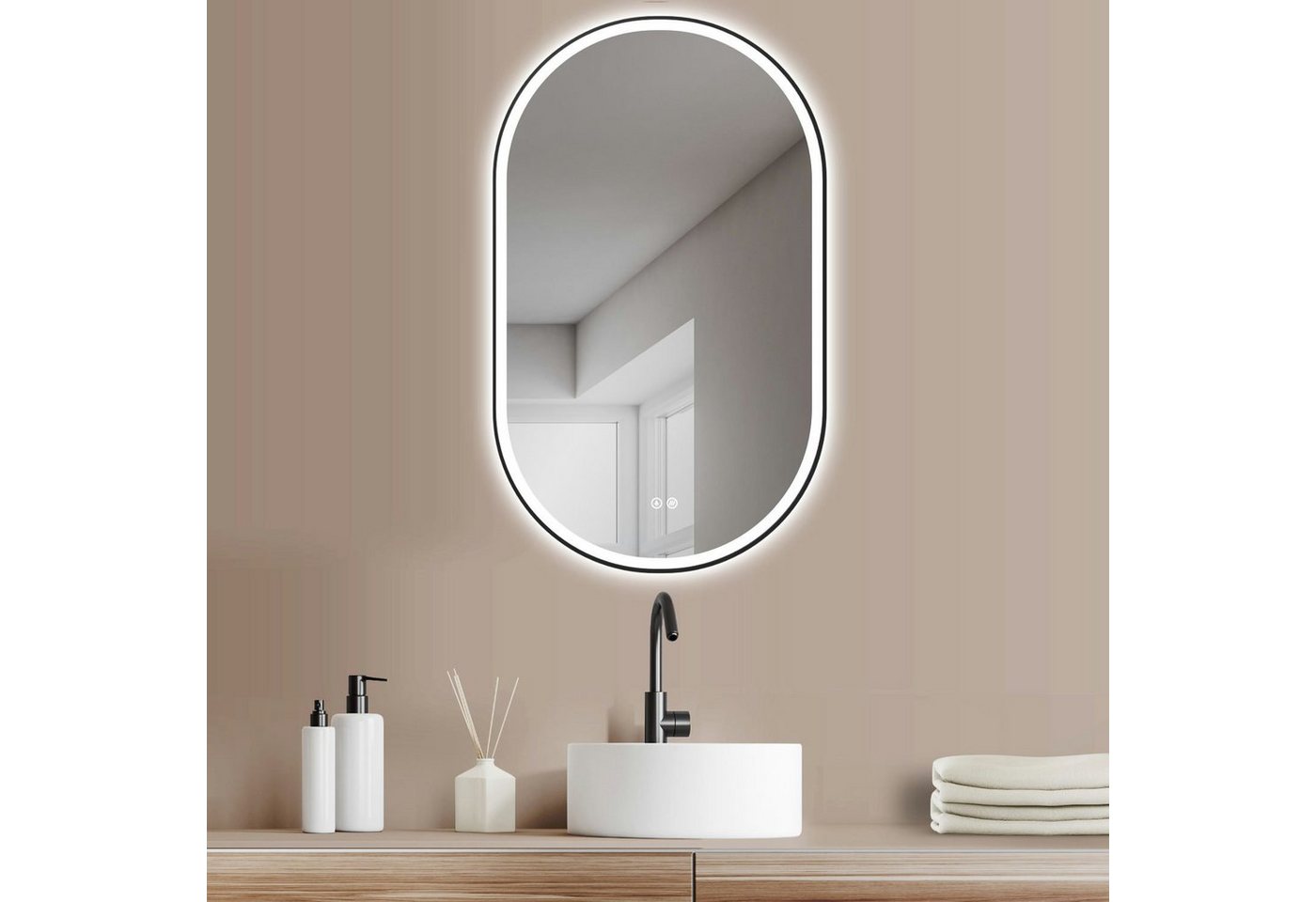 HOKO Badspiegel oval mit Anti-Beschlag, LED-Beleuchtung und stufenlosem Farbwechsel (45x75 cm ovaler LED-Wandspiegel mit schwarzem Aluminiumrahmen, mit Memory-Funktion, Touch-Schalter und Lichtfarbe von 2700 bis 6500 K), Gäste-WC, Einzelwaschtisch, Schminkplatz, hochkant/quer, IP44, Ravenna