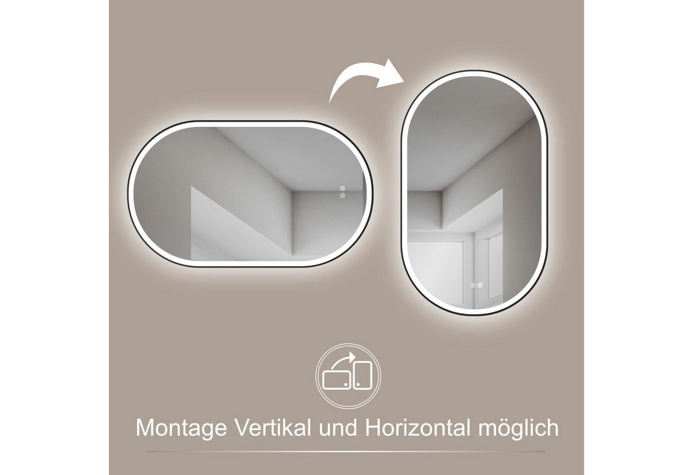 HOKO Badspiegel oval mit Anti-Beschlag, LED-Beleuchtung und stufenlosem Farbwechsel (45x75 cm ovaler LED-Wandspiegel mit schwarzem Aluminiumrahmen, mit Memory-Funktion, Touch-Schalter und Lichtfarbe von 2700 bis 6500 K), Gäste-WC, Einzelwaschtisch, Schminkplatz, hochkant/quer, IP44, Ravenna Bild 2