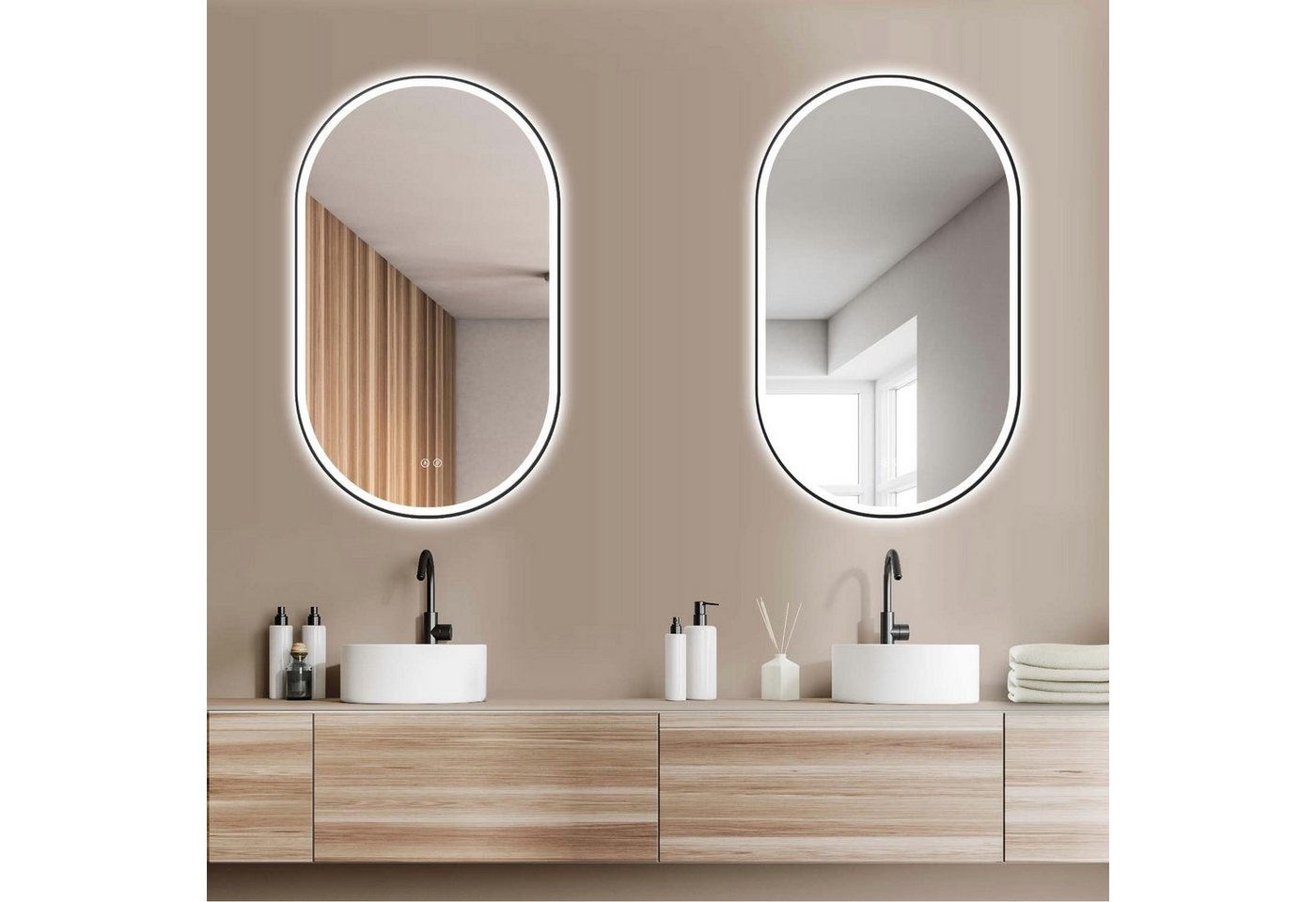 HOKO Badspiegel oval mit Anti-Beschlag, LED-Beleuchtung und stufenlosem Farbwechsel (45x75 cm ovaler LED-Wandspiegel mit schwarzem Aluminiumrahmen, mit Memory-Funktion, Touch-Schalter und Lichtfarbe von 2700 bis 6500 K), Gäste-WC, Einzelwaschtisch, Schminkplatz, hochkant/quer, IP44, Ravenna Bild 4