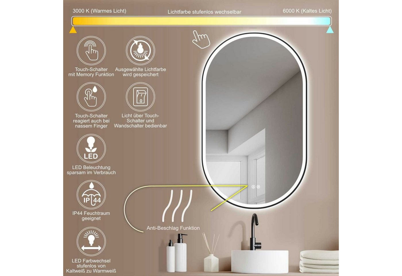 HOKO Badspiegel oval mit Anti-Beschlag, LED-Beleuchtung und stufenlosem Farbwechsel (45x75 cm ovaler LED-Wandspiegel mit schwarzem Aluminiumrahmen, mit Memory-Funktion, Touch-Schalter und Lichtfarbe von 2700 bis 6500 K), Gäste-WC, Einzelwaschtisch, Schminkplatz, hochkant/quer, IP44, Ravenna Bild 5
