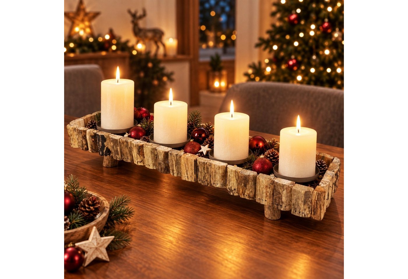 Online-Fuchs Adventskranz länglich aus Holz für Stumpenkerzen - Weihnachtsdekoration, natürlicher rustikaler Look mit zusätzlichen Dekorationsmöglichkeiten
