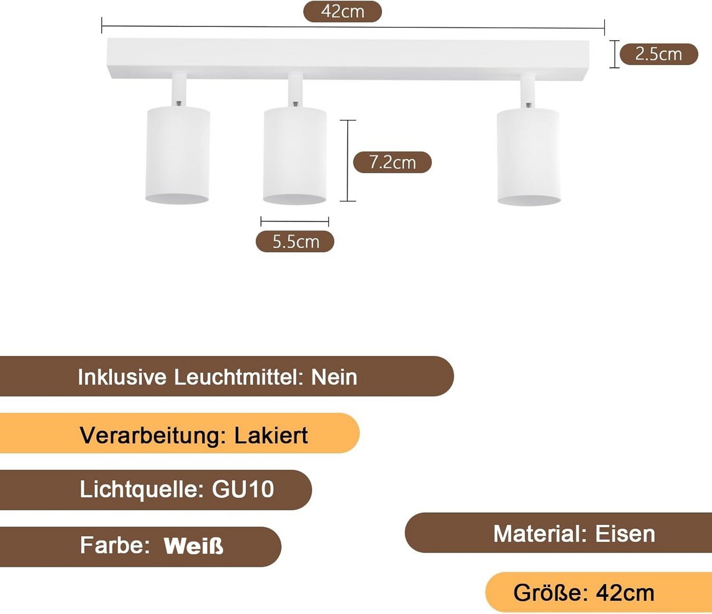 ZMH Deckenstrahler 3 Flammig Deckenleuchte Modern 42CM GU10 für Schafzimmer Wohnzimmer, ohne Leuchtmittel, max. 6W pro Spot, 42×5,5×14cm, kompakt Bild 5