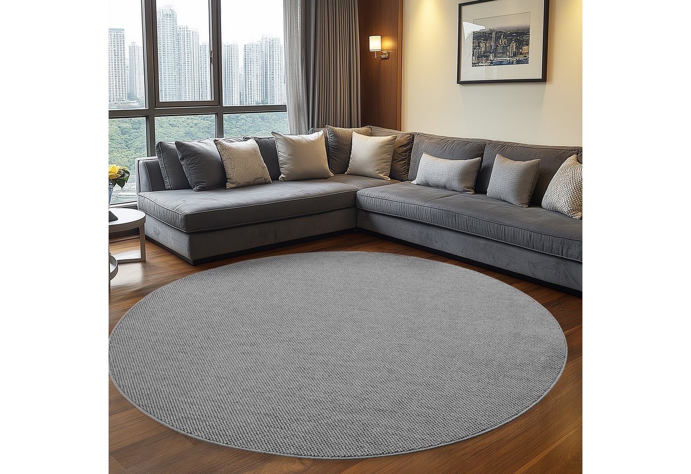 Teppium Teppich Unicolor - Einfarbig, Rund, Höhe: 20 mm, Kurzflor Schlingen Teppich Grau Boucle-Loop Wohnzimmer Teppich Bild 5