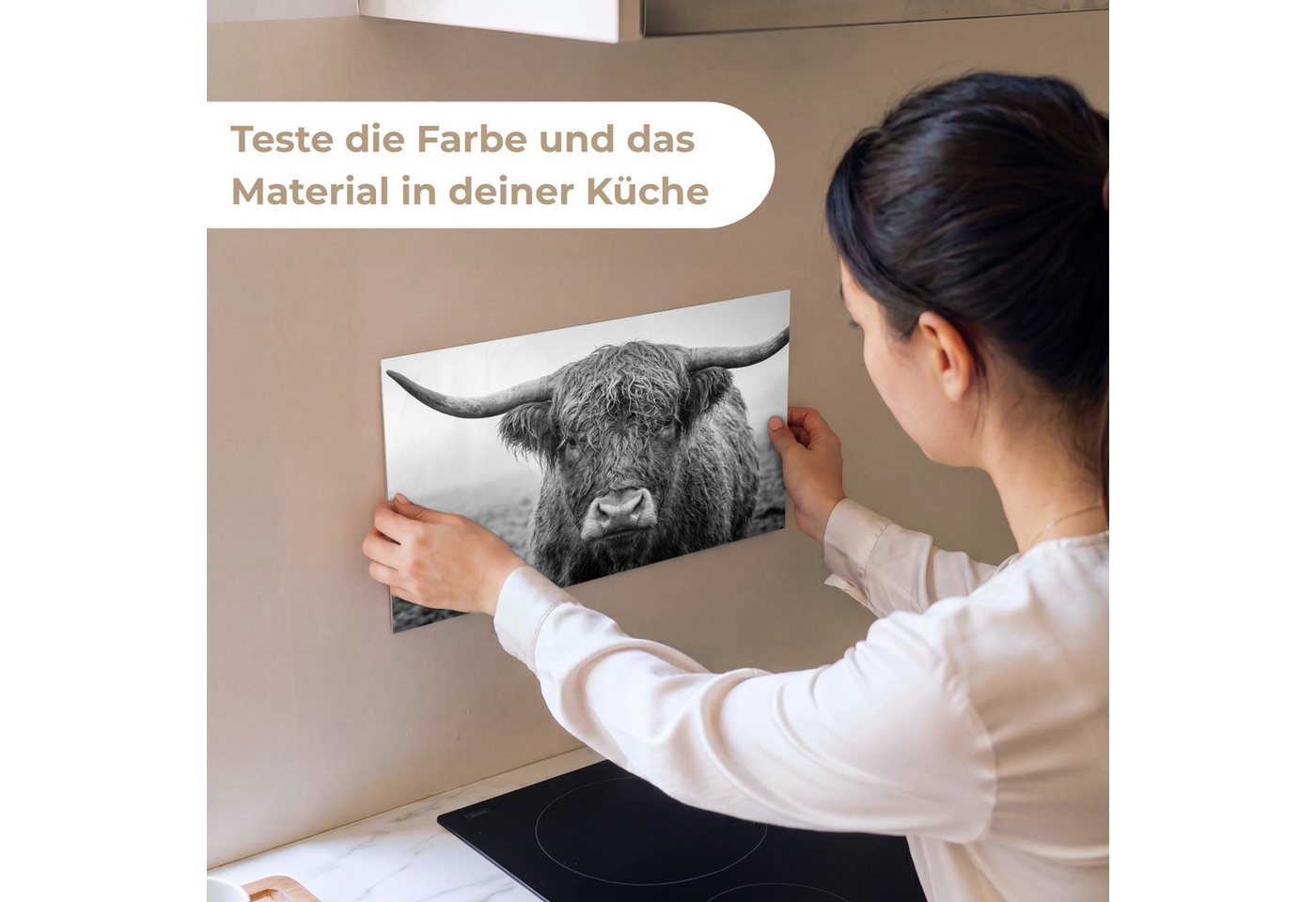 KitchenYeah Küchenrückwand Muster selbstklebend (keine Folie) Schottischer Highlander - Schwarz -, (1-tlg), Spritzschutz, Küche, Rückwand, Küchenwand, Küchenfront, 30x20 cm
