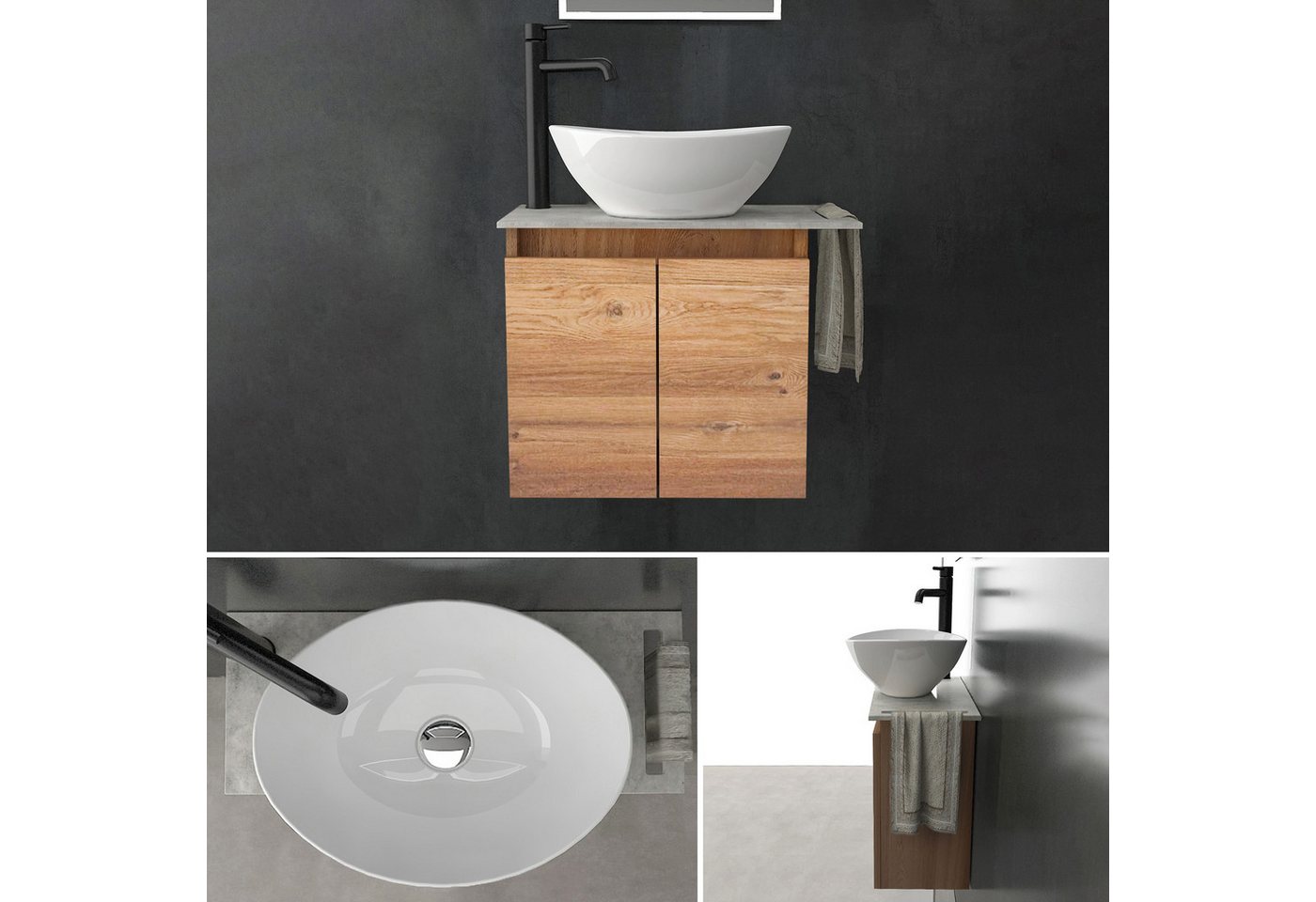 Alpenberger Waschtisch Aufsatzwaschbecken mit Unterschrank, WC Waschbecken mit Unterschrank (Waschtisch mit Unterschrank hängend, Waschtischplatte mit Waschbecken), MDF/MFC Waschbeckenunterschrank in Bamboo Farbe