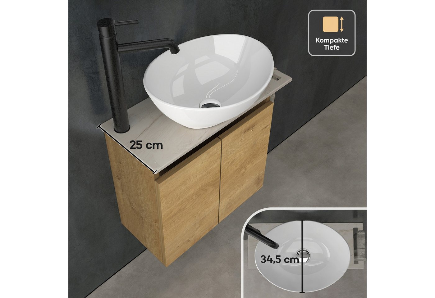 Alpenberger Waschtisch Aufsatzwaschbecken mit Unterschrank, WC Waschbecken mit Unterschrank (Waschtisch mit Unterschrank hängend, Waschtischplatte mit Waschbecken), MDF/MFC Waschbeckenunterschrank in Bamboo Farbe Bild 4