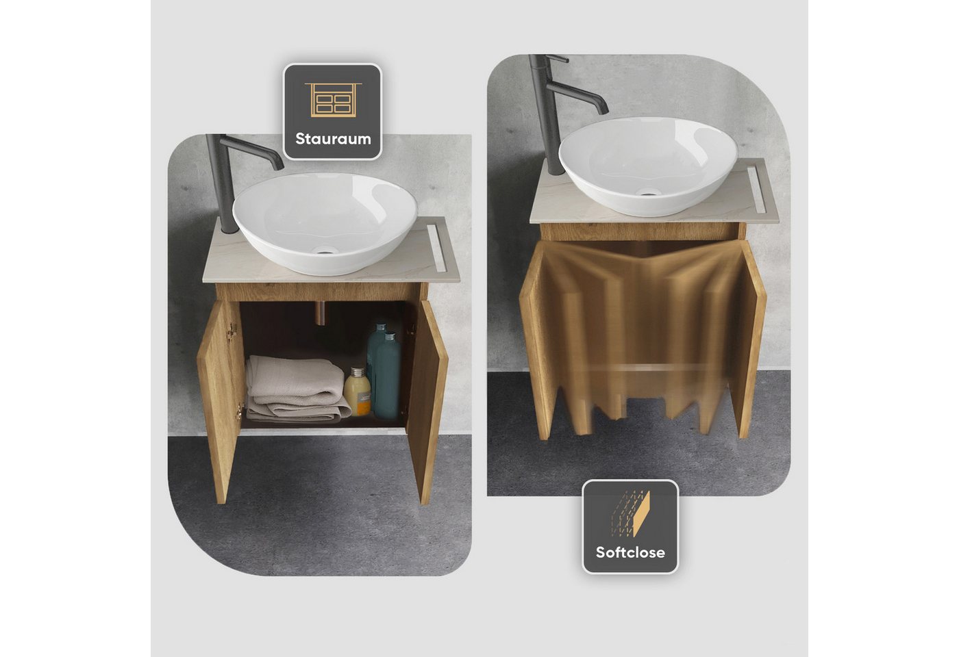 Alpenberger Waschtisch Aufsatzwaschbecken mit Unterschrank, WC Waschbecken mit Unterschrank (Waschtisch mit Unterschrank hängend, Waschtischplatte mit Waschbecken), MDF/MFC Waschbeckenunterschrank in Bamboo Farbe Bild 5