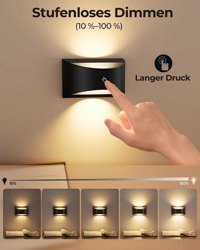 Futicare LED Wandleuchte für Innen, LED Wandleuchte kabellos magnetisch, 3 Farben dimmbar, (3000K, 4000K, 6000K),LED-Leuchtmittel fest verbaut, Akku-Lampe mit Fernbedienung, Up & Down Licht für Schlafzimmer & Flur Bild 2