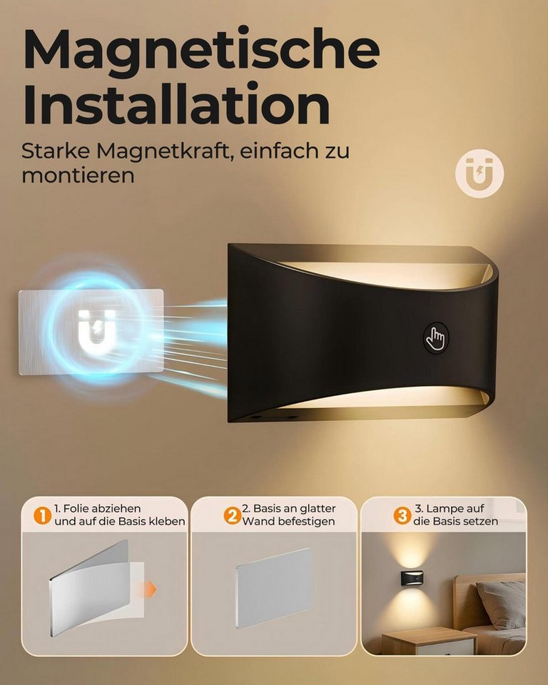 Futicare LED Wandleuchte für Innen, LED Wandleuchte kabellos magnetisch, 3 Farben dimmbar, (3000K, 4000K, 6000K),LED-Leuchtmittel fest verbaut, Akku-Lampe mit Fernbedienung, Up & Down Licht für Schlafzimmer & Flur Bild 3