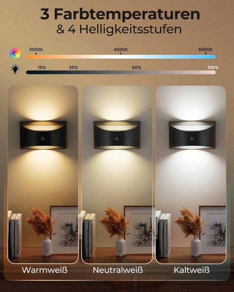 Futicare LED Wandleuchte für Innen, LED Wandleuchte kabellos magnetisch, 3 Farben dimmbar, (3000K, 4000K, 6000K),LED-Leuchtmittel fest verbaut, Akku-Lampe mit Fernbedienung, Up & Down Licht für Schlafzimmer & Flur Bild 4