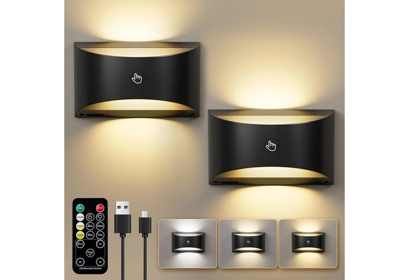 Futicare LED Wandleuchte für Innen, LED Wandleuchte kabellos magnetisch, 3 Farben dimmbar, (3000K, 4000K, 6000K),LED-Leuchtmittel fest verbaut, Akku-Lampe mit Fernbedienung, Up & Down Licht für Schlafzimmer & Flur Bild 5