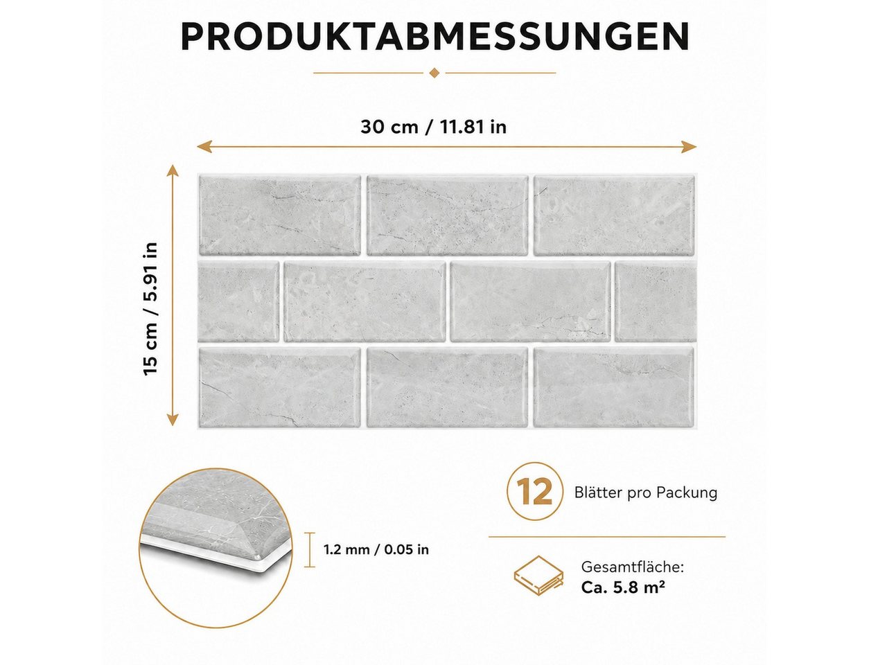 LEMLIT Fliesenaufkleber Klebefliesen Küche Bad Küchenrückwand Selbstklebend Fliesen 12 Stück (12er Set, 12 St., 30 x 15 cm), Klebefolie Kueche Badezimmer Wand Fliesenwand Aufkleber