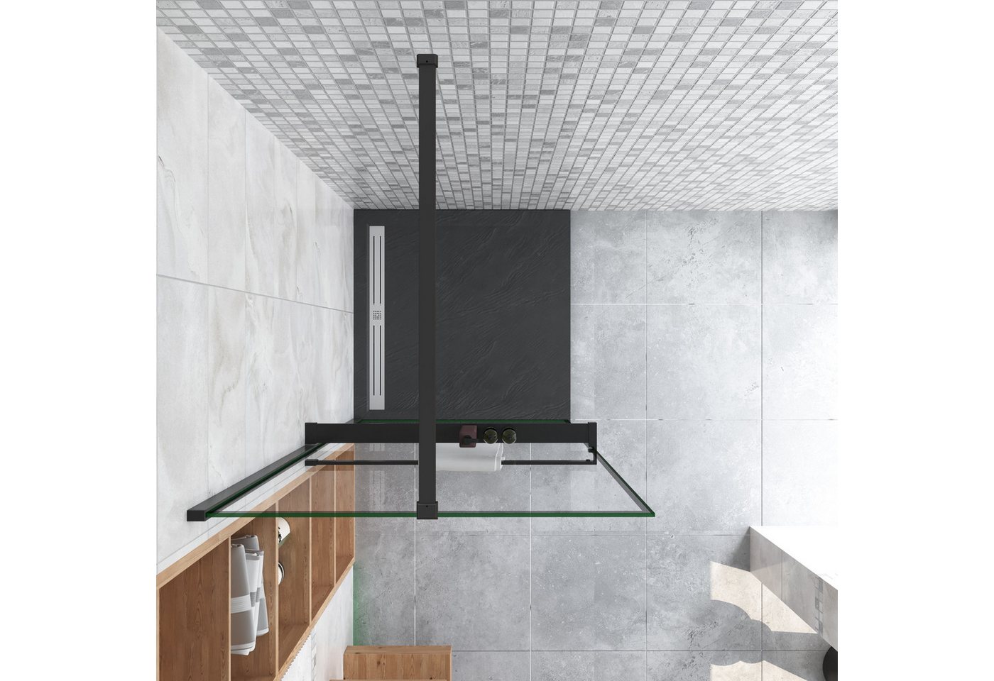 AICA Walk-in-Dusche 200cm Stabilisationsbügel Handtuchhalter schwarz walk in Dusche, Sicherheitsglas, Glas