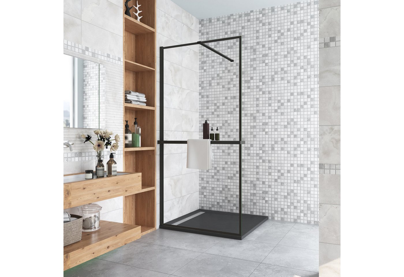 AICA Walk-in-Dusche 200cm Stabilisationsbügel Handtuchhalter schwarz walk in Dusche, Sicherheitsglas, Glas Bild 2