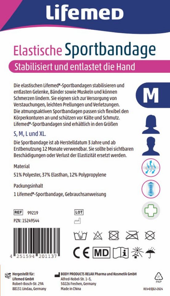 LifeMed Handbandage Lifemed Sportbandage Handstütze elastisch Göße M