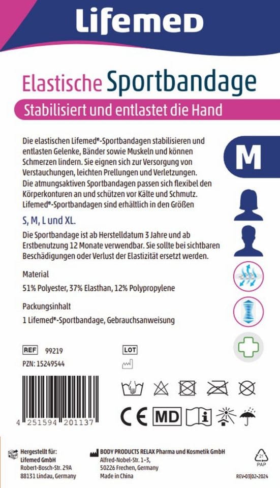 LifeMed Handbandage Lifemed Sportbandage Handstütze elastisch Göße M