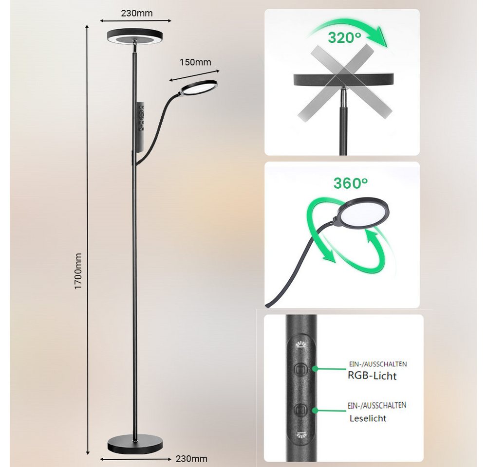 BLiTZWOLF LED Stehlampe Smart RGB+CCT Stehleuchte Doppelkopf-Design mit App und Fernsteuerung, LED fest integriert, 3 Lichtzonen, 36W, dimmbar, Kopf verstellbar 170cm für Wohnzimmer,Büro