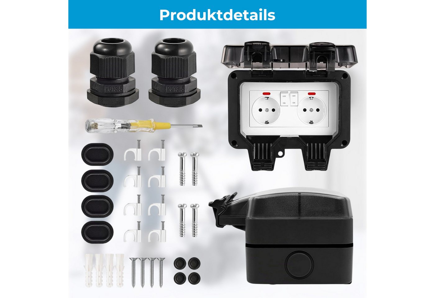 AKKEE Gartensteckdose Außensteckdose Steckdose Garten IP66 Wasserdicht mit Schutzkappe, Für Garten, Garage, Küche, Badezimmer