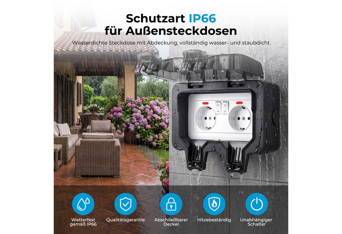 AKKEE Gartensteckdose Außensteckdose Steckdose Garten IP66 Wasserdicht mit Schutzkappe, Für Garten, Garage, Küche, Badezimmer Bild 5