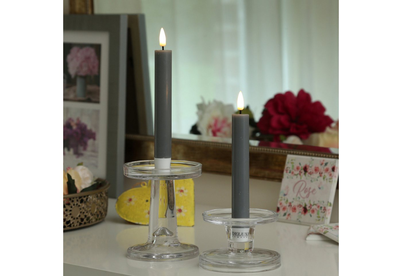 Deluxe Homeart LED-Kerze LED Stabkerzen Mia Tafelkerzen Echtwachs flackernd H: 15cm grau 2St., LED Classic, warmweiß (2100K bis 3000K) Bild 3