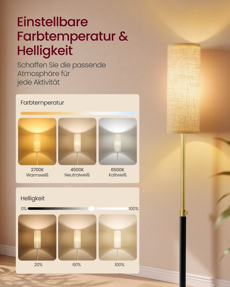 VASAGLE Stehlampe Stehleuchte, Standleuchte, modern, höhenverstellbare Leselampe, mit Fußtaster, Lampenschirm aus Stoff Bild 3