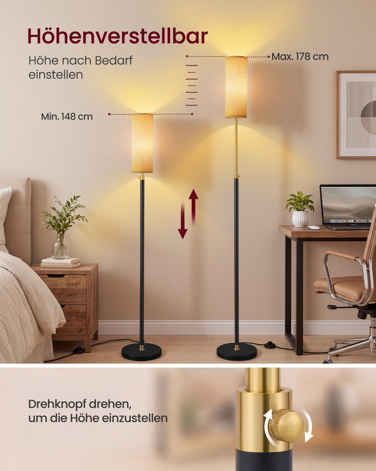 VASAGLE Stehlampe Stehleuchte, Standleuchte, modern, höhenverstellbare Leselampe, mit Fußtaster, Lampenschirm aus Stoff Bild 4
