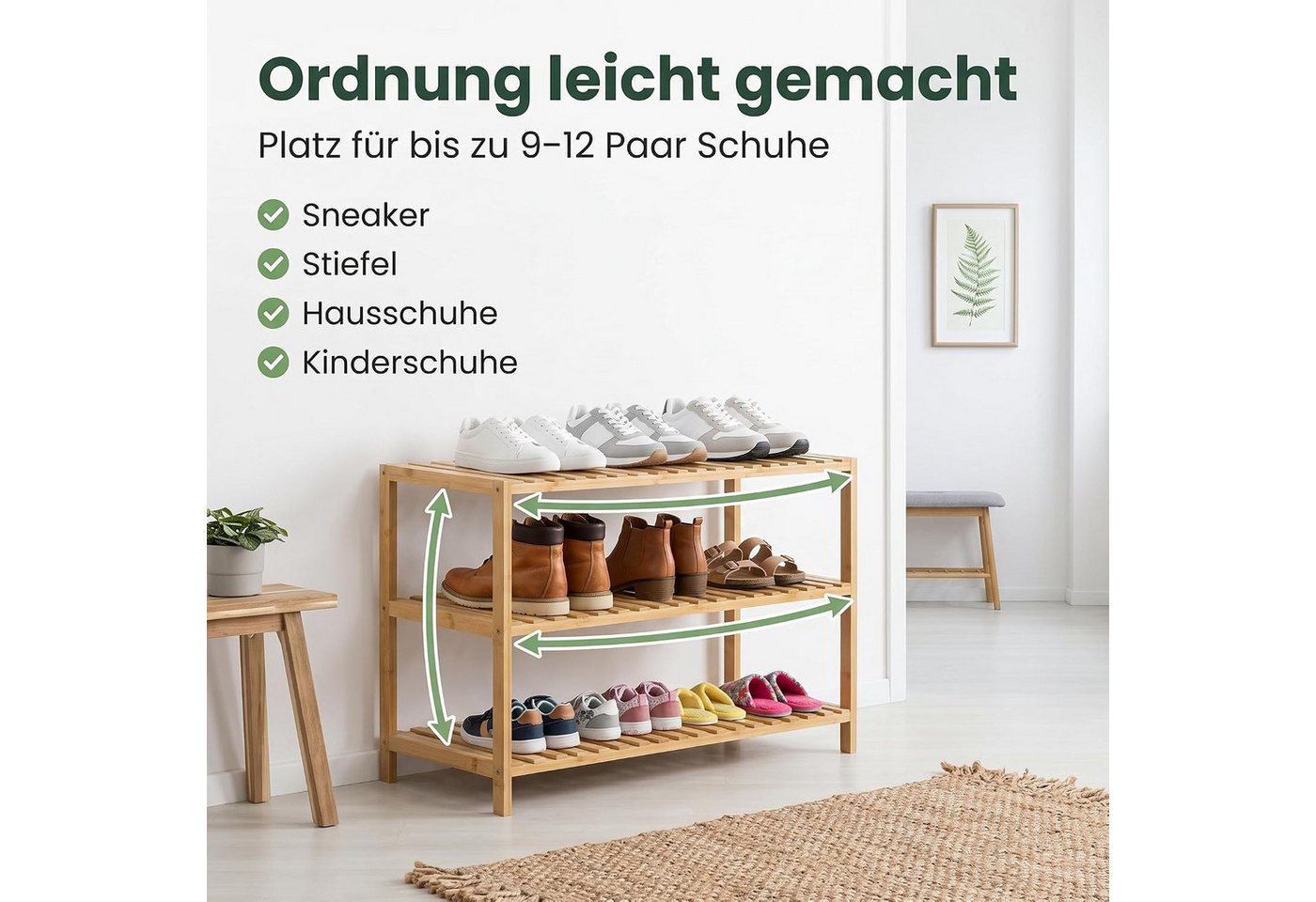 hausleben Schuhregal Bambus Schuhregal, 3 Ebenen, 70x28x50 cm, Naturholz Standregal, Einzelartikel 1-tlg., Umweltfreundlich & Stabil, Leicht zu Reinigen