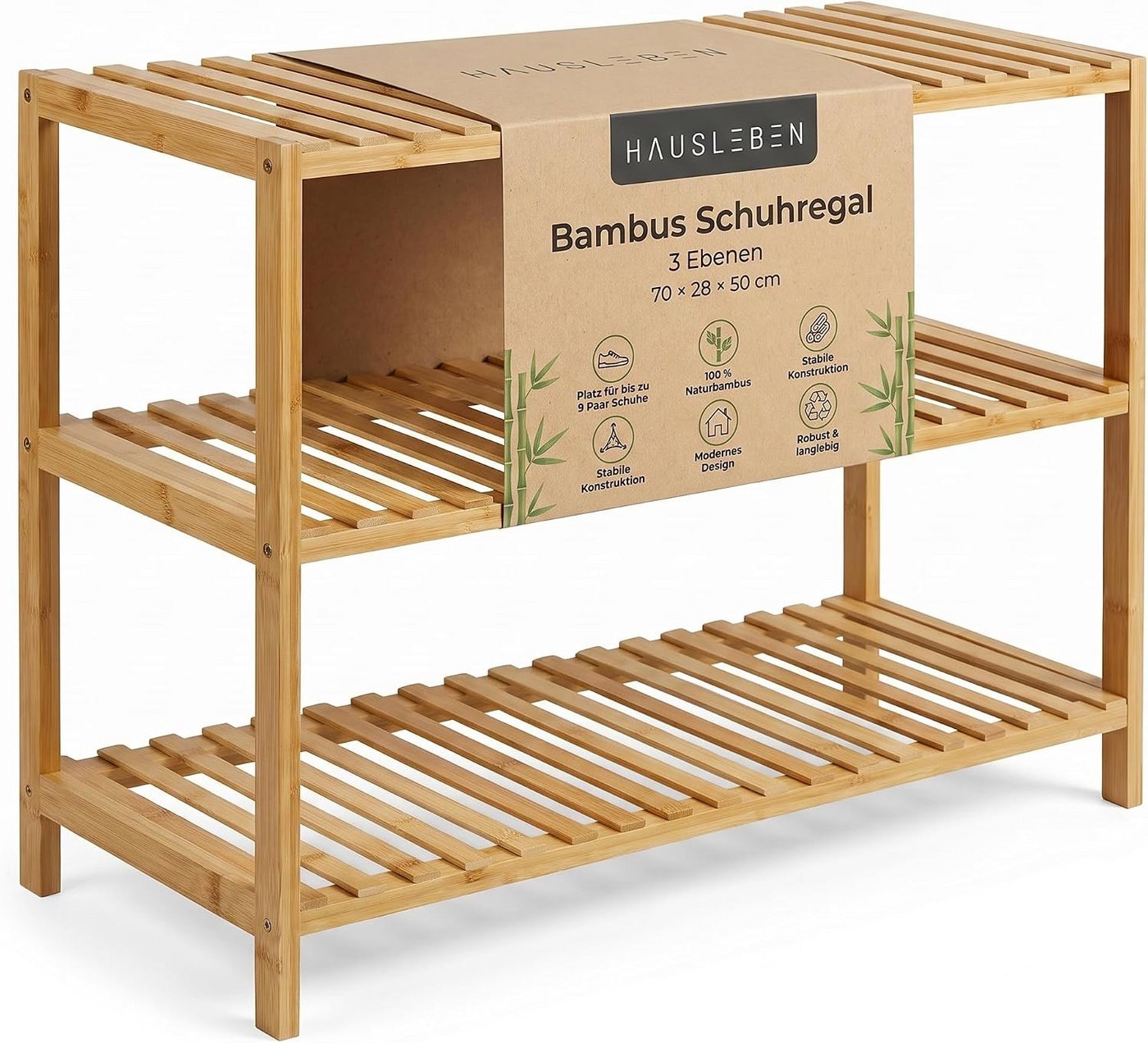 hausleben Schuhregal Bambus Schuhregal, 3 Ebenen, 70x28x50 cm, Naturholz Standregal, Einzelartikel 1-tlg., Umweltfreundlich & Stabil, Leicht zu Reinigen Bild 3