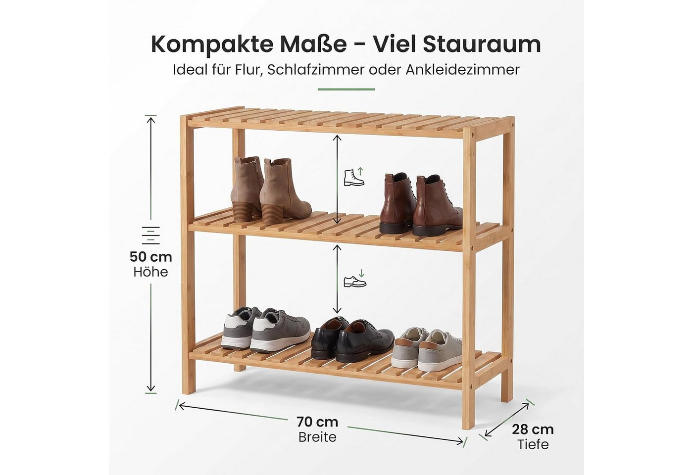 hausleben Schuhregal Bambus Schuhregal, 3 Ebenen, 70x28x50 cm, Naturholz Standregal, Einzelartikel 1-tlg., Umweltfreundlich & Stabil, Leicht zu Reinigen Bild 4