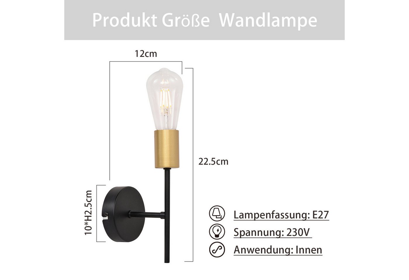 ZMH Wandleuchte 2er-Set Schwarz-Gold, industrielle Wandlampe aus Metall, E27-Fassung, ohne Leuchtmittel, für Flur und Schlafzimmer Bild 2