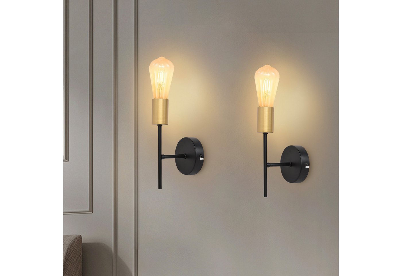 ZMH Wandleuchte 2er-Set Schwarz-Gold, industrielle Wandlampe aus Metall, E27-Fassung, ohne Leuchtmittel, für Flur und Schlafzimmer Bild 3