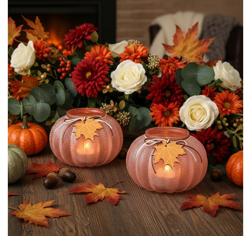 Kaemingk Streudeko Windlicht Glas Kürbis Teelicht Herbstdeko Ø16cm H11cm 2St Bild 4