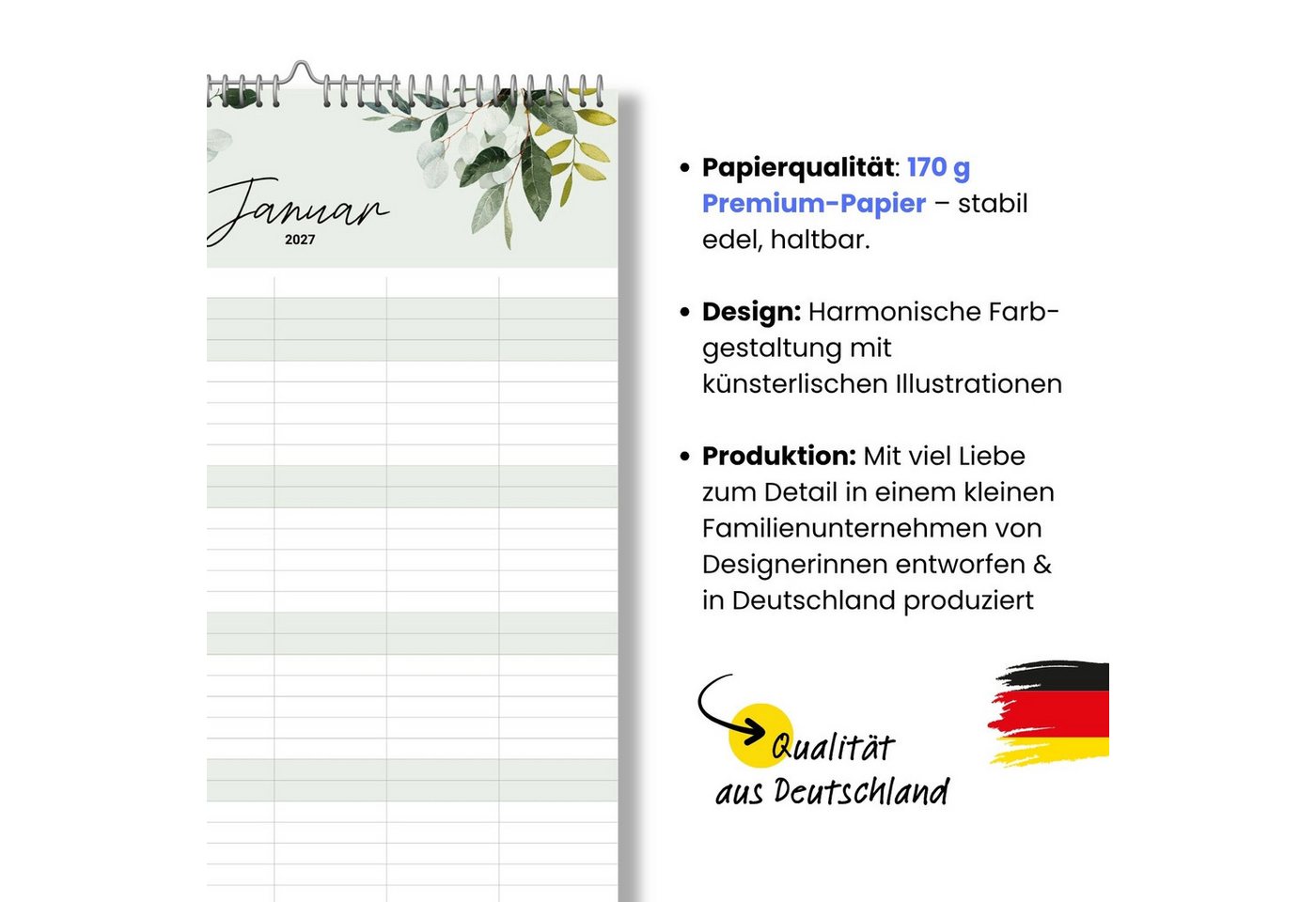 heaven+paper Familienkalender A3 Familienplaner Green 5 Spalten 2027 botanisch, hochwertig, Hergestellt in Deutschland Bild 2