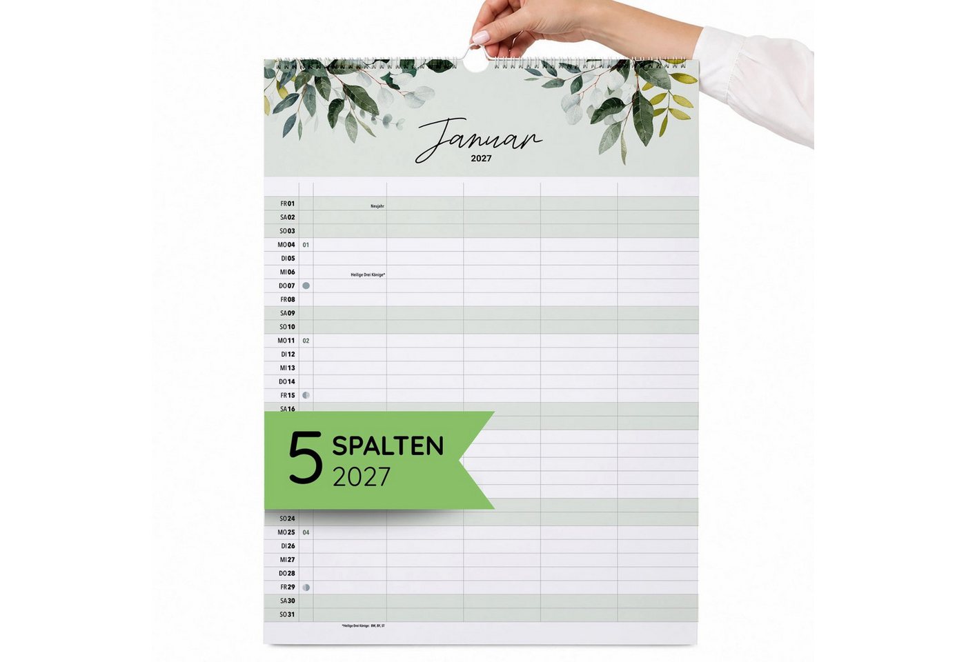 heaven+paper Familienkalender A3 Familienplaner Green 5 Spalten 2027 botanisch, hochwertig, Hergestellt in Deutschland Bild 3