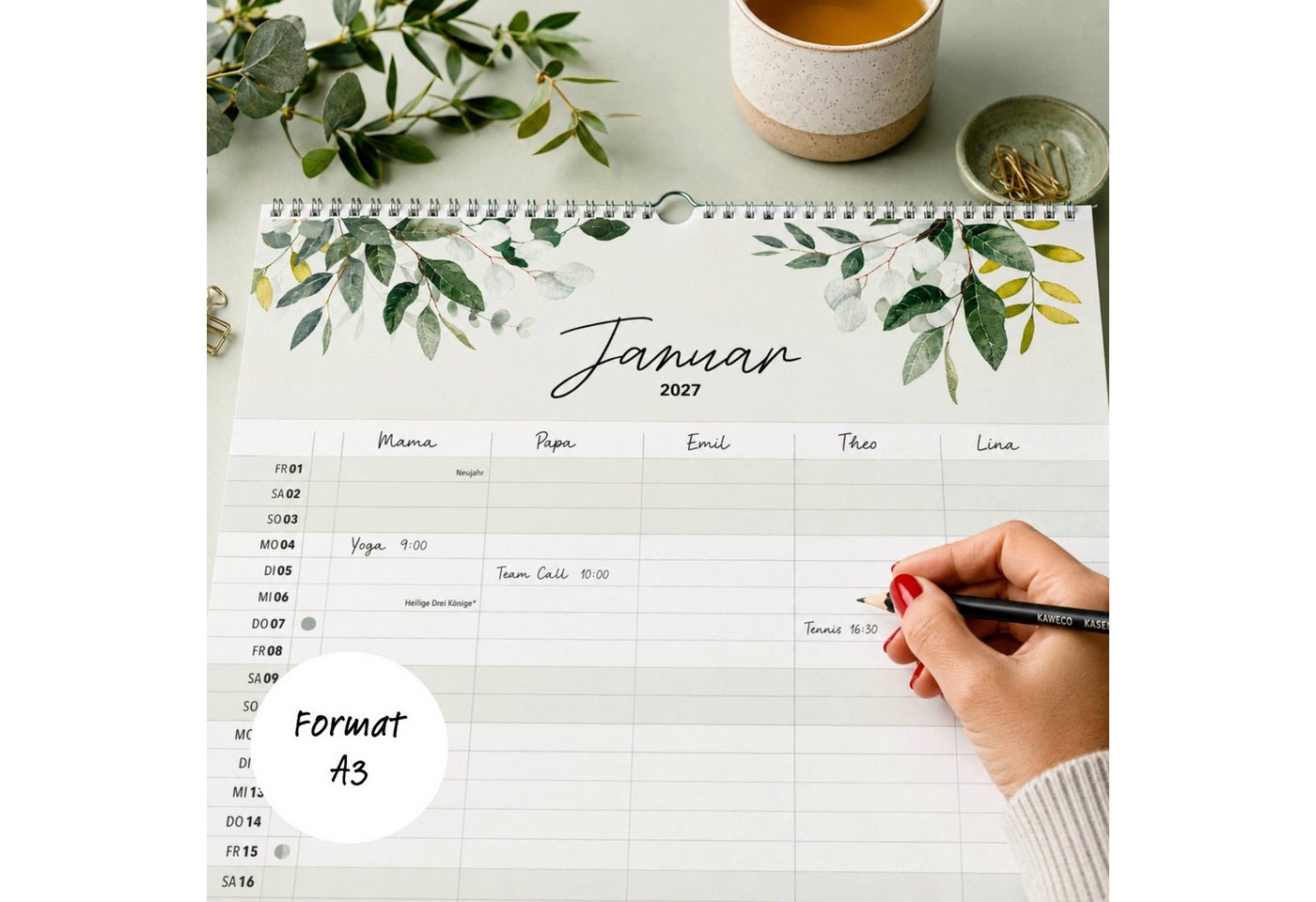 heaven+paper Familienkalender A3 Familienplaner Green 5 Spalten 2027 botanisch, hochwertig, Hergestellt in Deutschland Bild 5