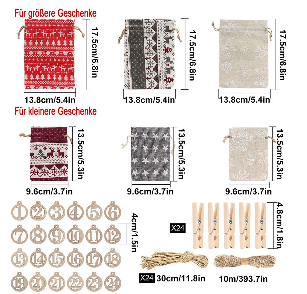 CLTYQ befüllbarer Adventskalender 24 Adventskalender zum Befüllen und Aufhängen,Geschenke, DIY Adventskalender Bastelset,DIY-Stoffbeutel mit Holzklammern