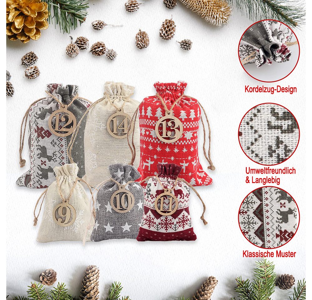 CLTYQ befüllbarer Adventskalender 24 Adventskalender zum Befüllen und Aufhängen,Geschenke, DIY Adventskalender Bastelset,DIY-Stoffbeutel mit Holzklammern Bild 3