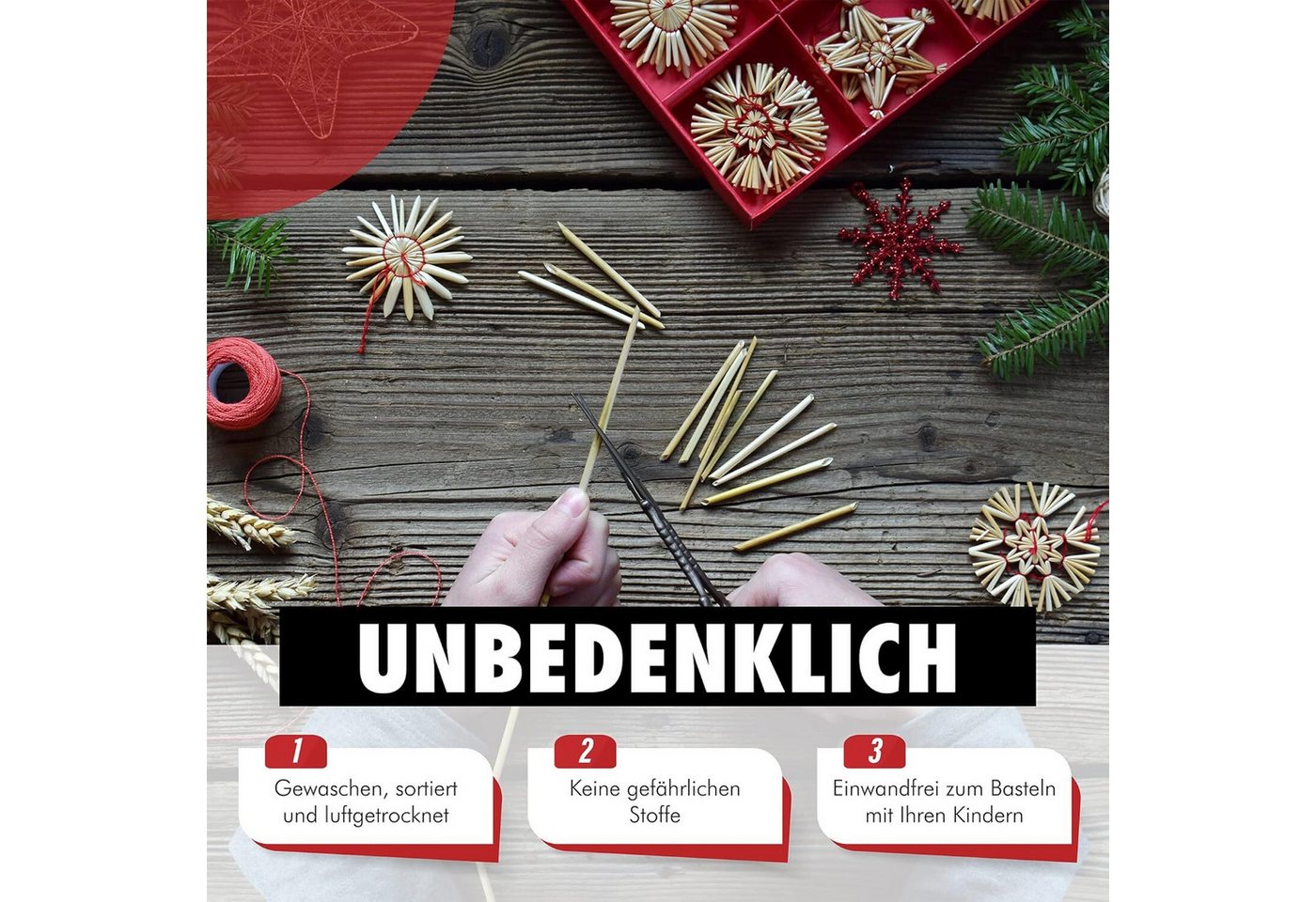 BEESI Bastelnaturmaterial 400x Bastelstroh zum Strohsterne Basteln Natur als Weihnachtsdeko, (Bastelbedarf Weihnachten Strohhalme 400-tlg), 20 cm lang Stroh Bild 5