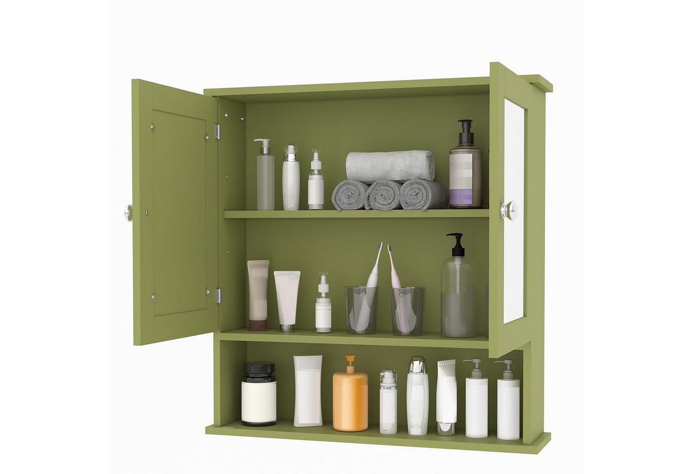 GarveeMore Badezimmerspiegelschrank mit 2 Tür, 1 offenes + 2 versteckte Fächer verstellbarem Boden, Magnetschnapper, grün/weiß