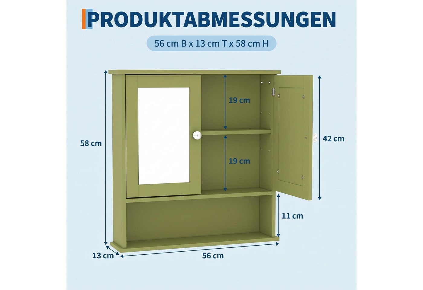 GarveeMore Badezimmerspiegelschrank mit 2 Tür, 1 offenes + 2 versteckte Fächer verstellbarem Boden, Magnetschnapper, grün/weiß Bild 2