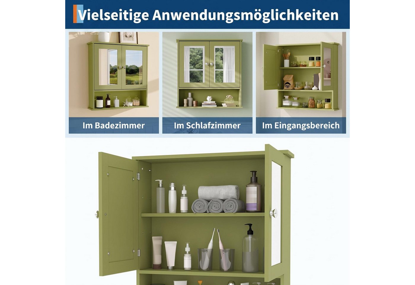 GarveeMore Badezimmerspiegelschrank mit 2 Tür, 1 offenes + 2 versteckte Fächer verstellbarem Boden, Magnetschnapper, grün/weiß Bild 3