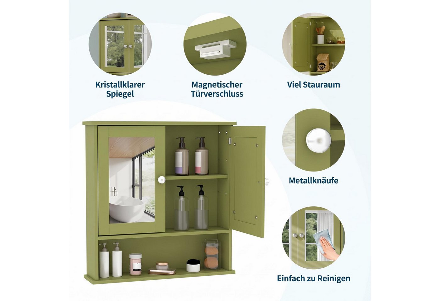 GarveeMore Badezimmerspiegelschrank mit 2 Tür, 1 offenes + 2 versteckte Fächer verstellbarem Boden, Magnetschnapper, grün/weiß Bild 5