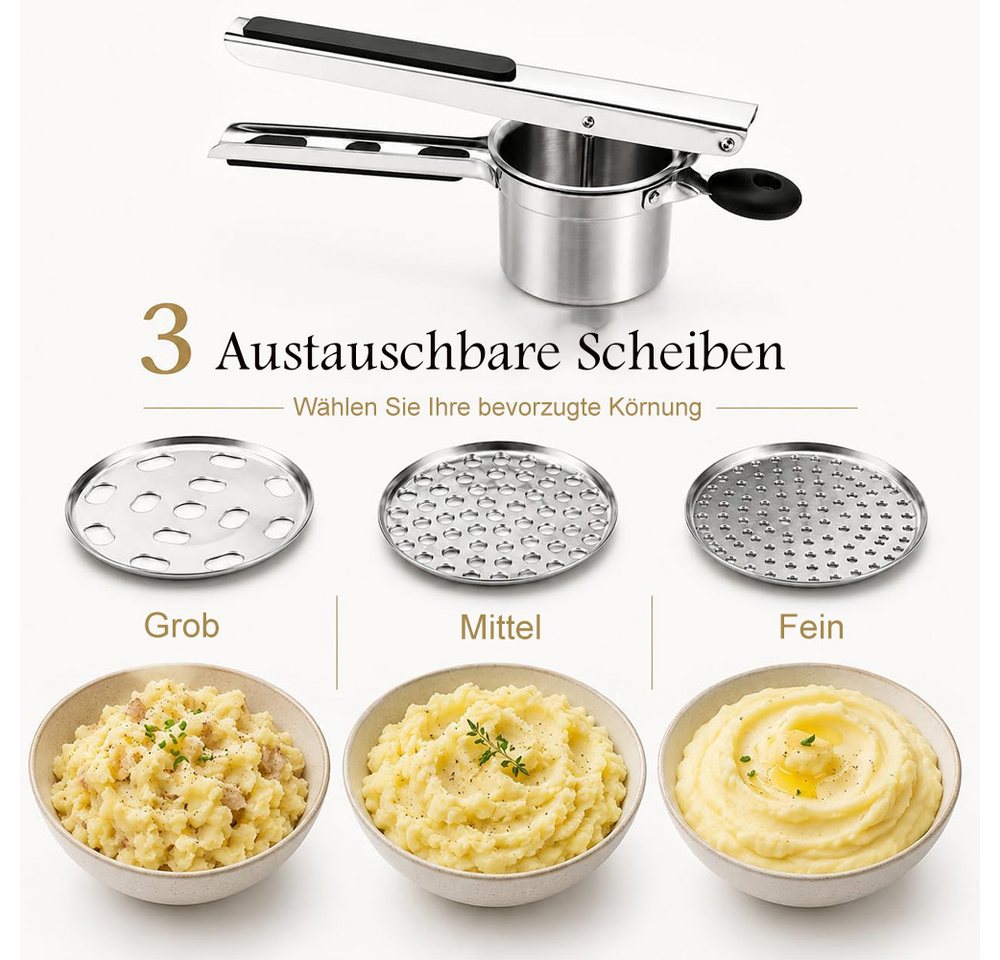 AFKSMILE Kartoffelpresse Kartoffelpresse & Spätzlepresse aus Edelstahl (440 ML) mit 3 Sieben, Für cremiges Kartoffelpüree, Spätzle, Obst Babybrei, Spülmaschinenfest