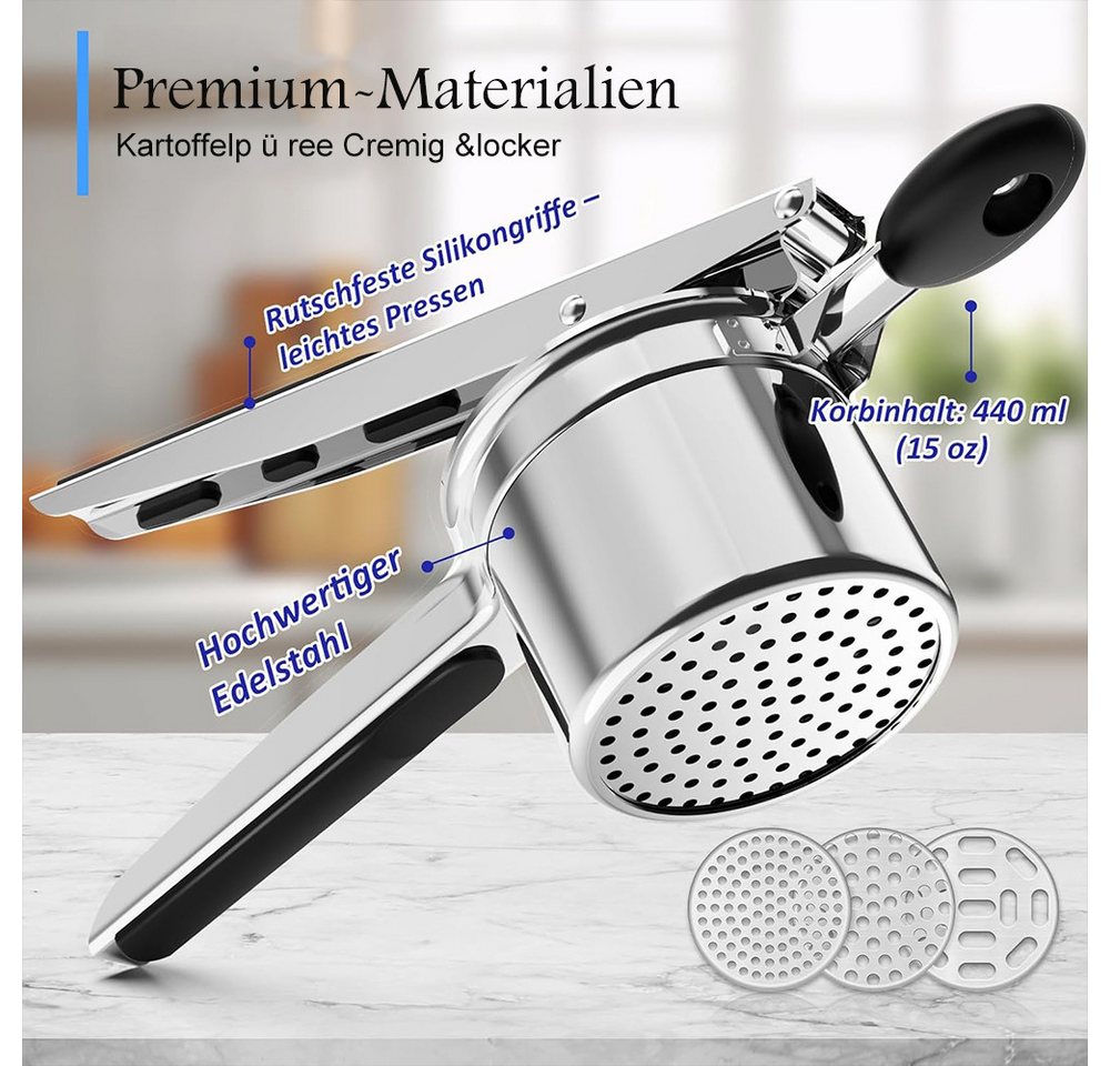 AFKSMILE Kartoffelpresse Kartoffelpresse & Spätzlepresse aus Edelstahl (440 ML) mit 3 Sieben, Für cremiges Kartoffelpüree, Spätzle, Obst Babybrei, Spülmaschinenfest Bild 3